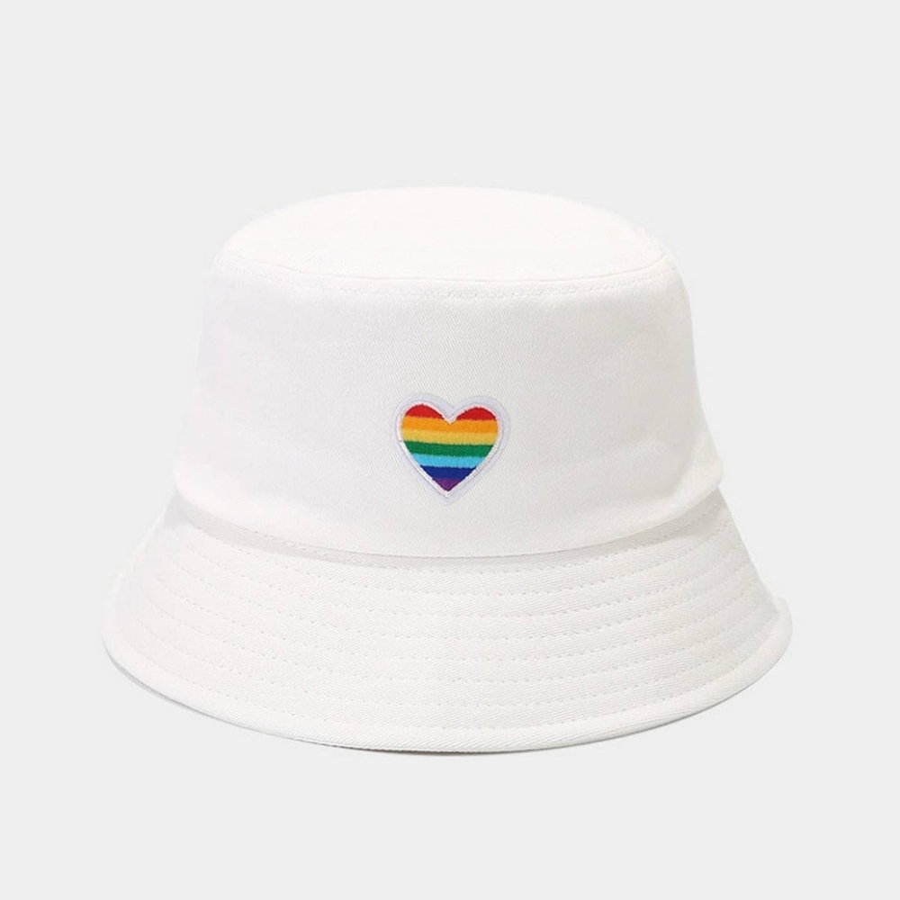 White Bucket Hat with Rainbow Heart Patch NEW